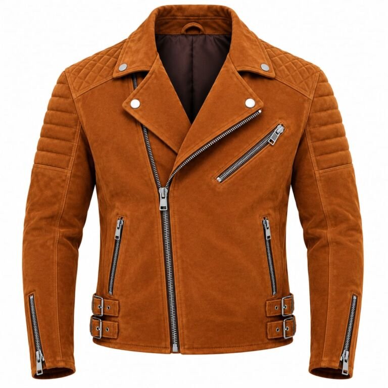Men’s brown suede leather biker jacket with quilted shoulders, zippered pockets, wide lapels, and buckle details, worn on a motorcycle.