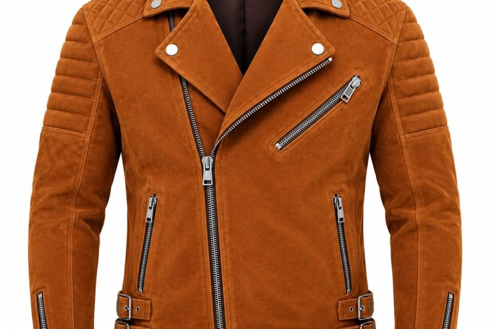 Men’s brown suede leather biker jacket with quilted shoulders, zippered pockets, wide lapels, and buckle details, worn on a motorcycle.