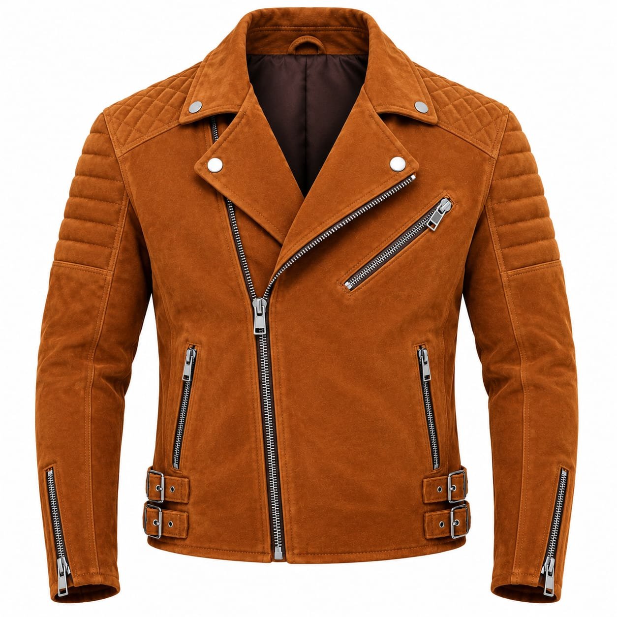Men’s brown suede leather biker jacket with quilted shoulders, zippered pockets, wide lapels, and buckle details, worn on a motorcycle.