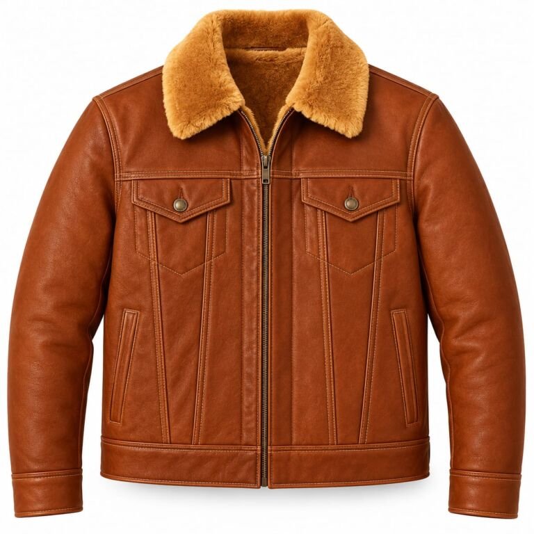 Men’s brown full fur lined leather shearling jacket with tan fur collar
