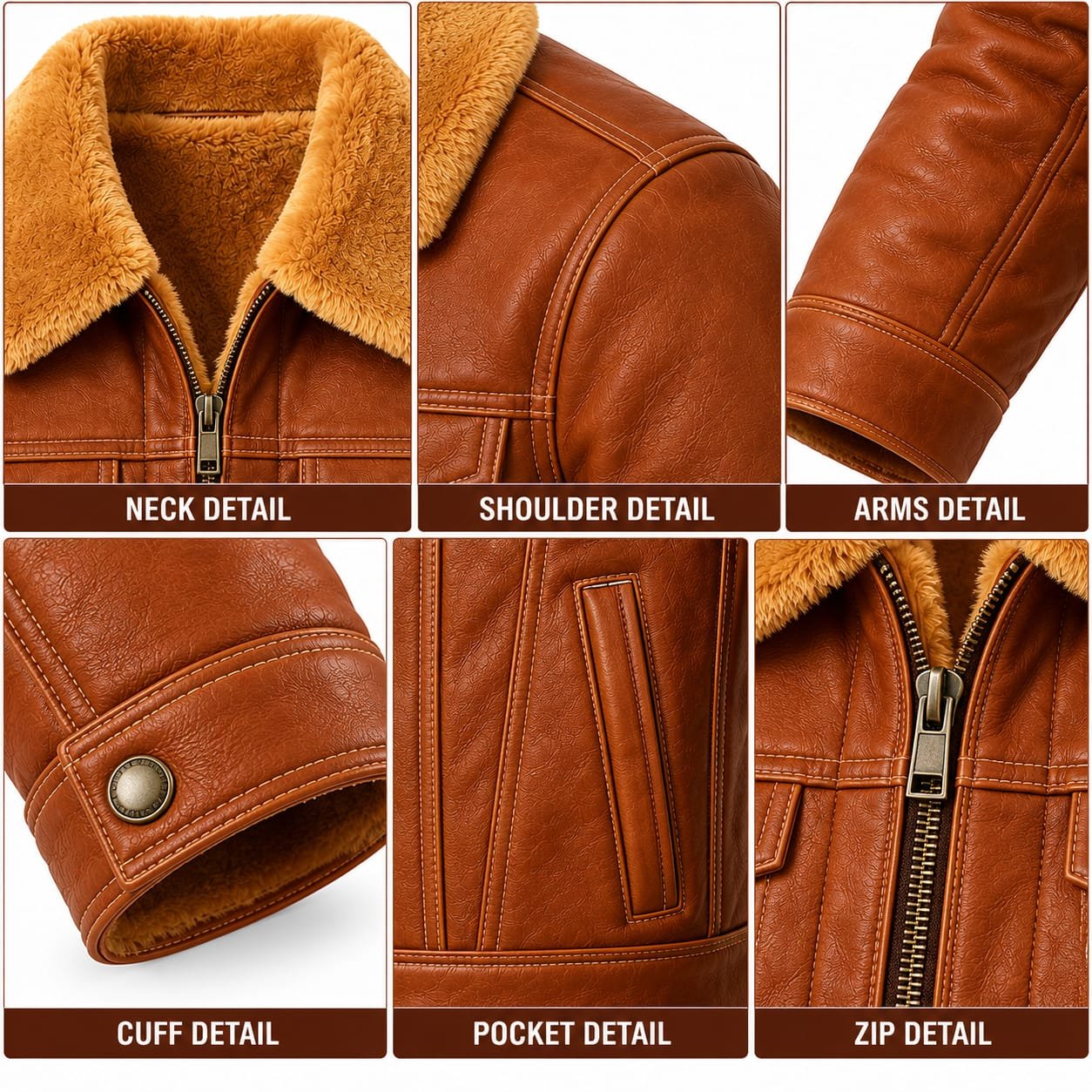 Men’s brown full fur lined leather shearling jacket with tan fur collar