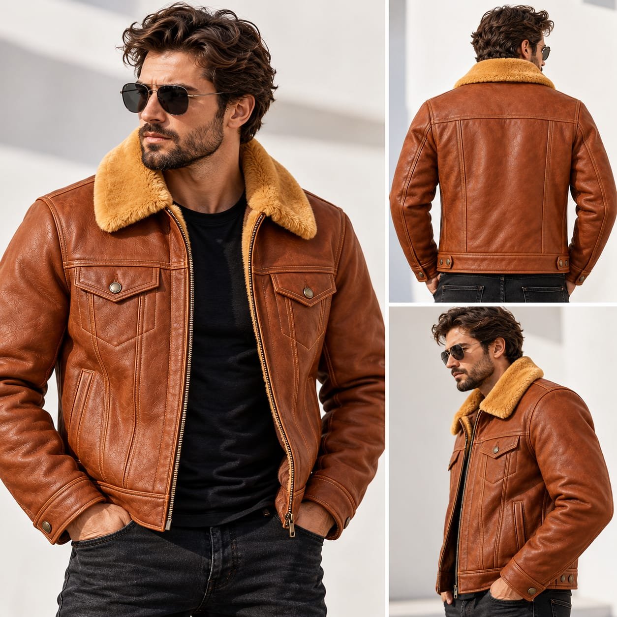 Men’s brown full fur lined leather shearling jacket with tan fur collar