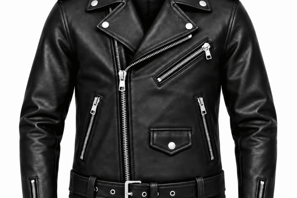 Men's black leather biker jacket