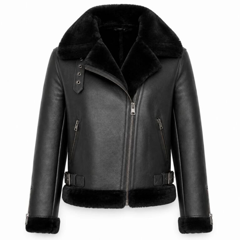 Black Leather Shearling Biker Jacket for Men & Women | Genuine Leather Fur Jacket