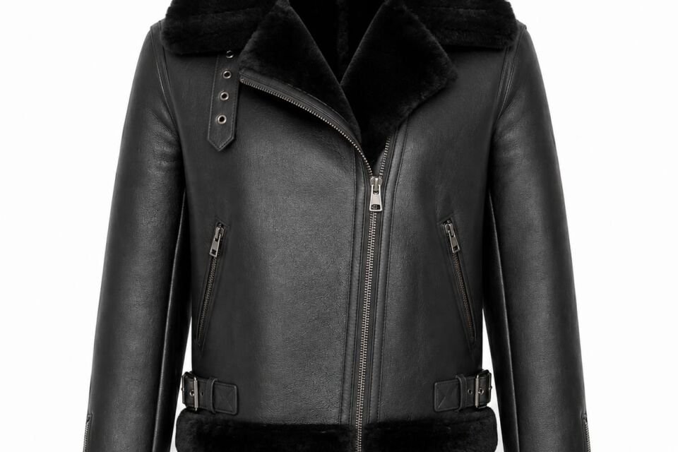 Black Leather Shearling Biker Jacket for Men & Women | Genuine Leather Fur Jacket