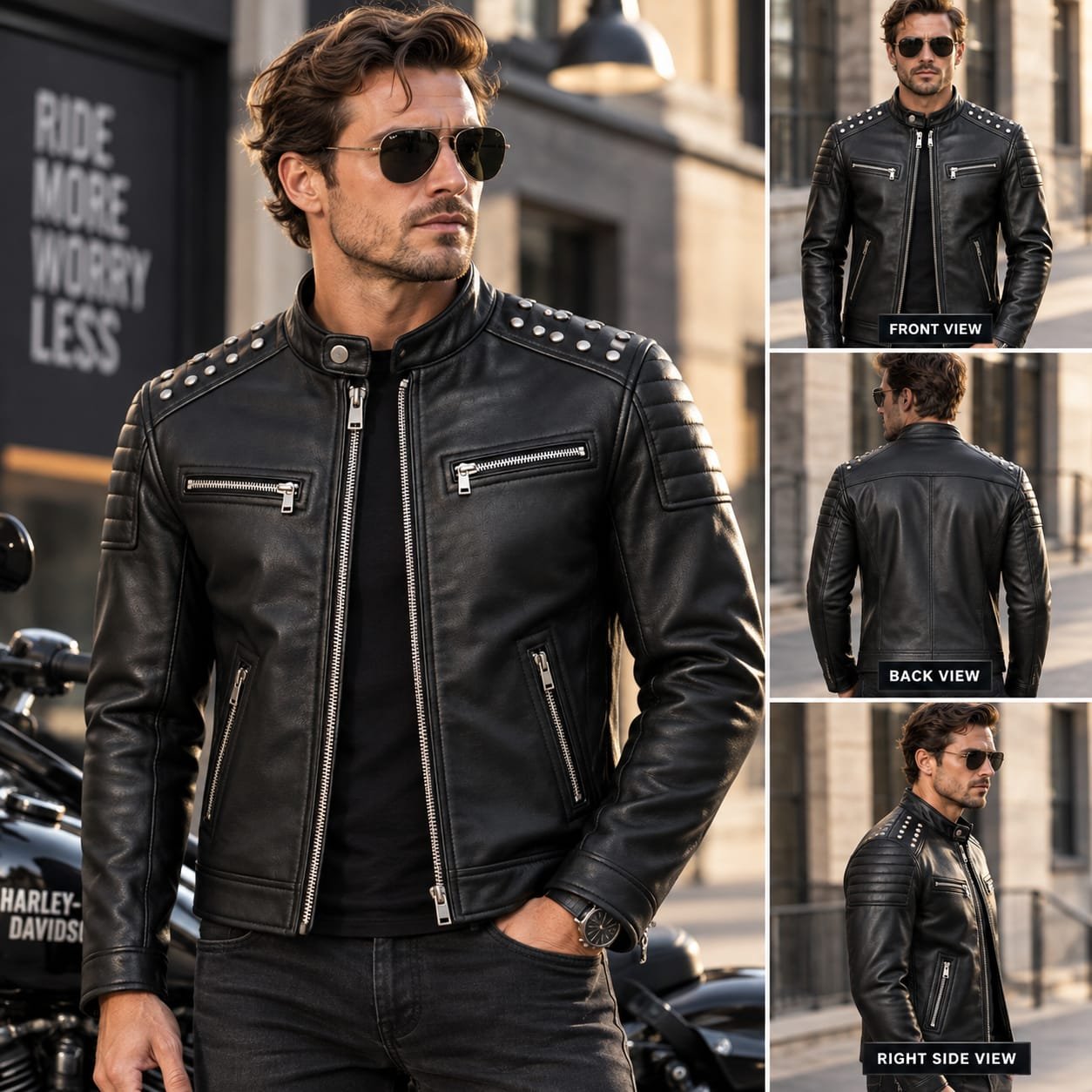 Black Studded Leather Biker Jacket | Men's Motorcycle Jacket with Quilted Shoulders - Image 5