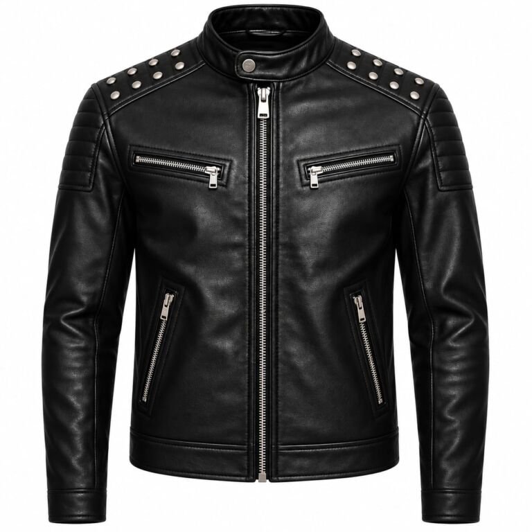 **Black studded leather biker jacket with quilted shoulders, silver zippers, zippered cuffs, and snap-button collar shown from front, side, and back views.**