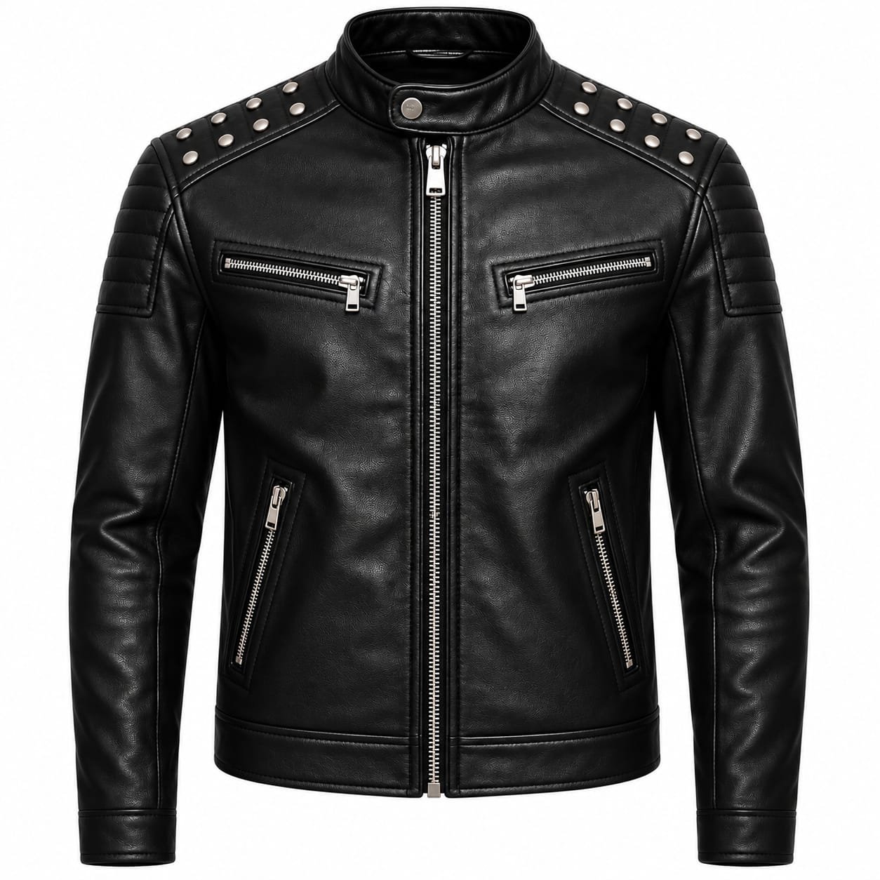 **Black studded leather biker jacket with quilted shoulders, silver zippers, zippered cuffs, and snap-button collar shown from front, side, and back views.**