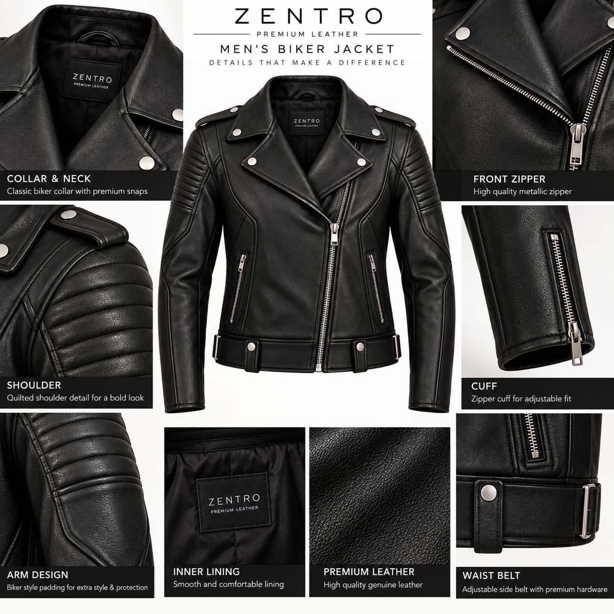 Men’s Black Genuine Leather Biker Jacket | Classic Motorcycle Jacket - Image 5