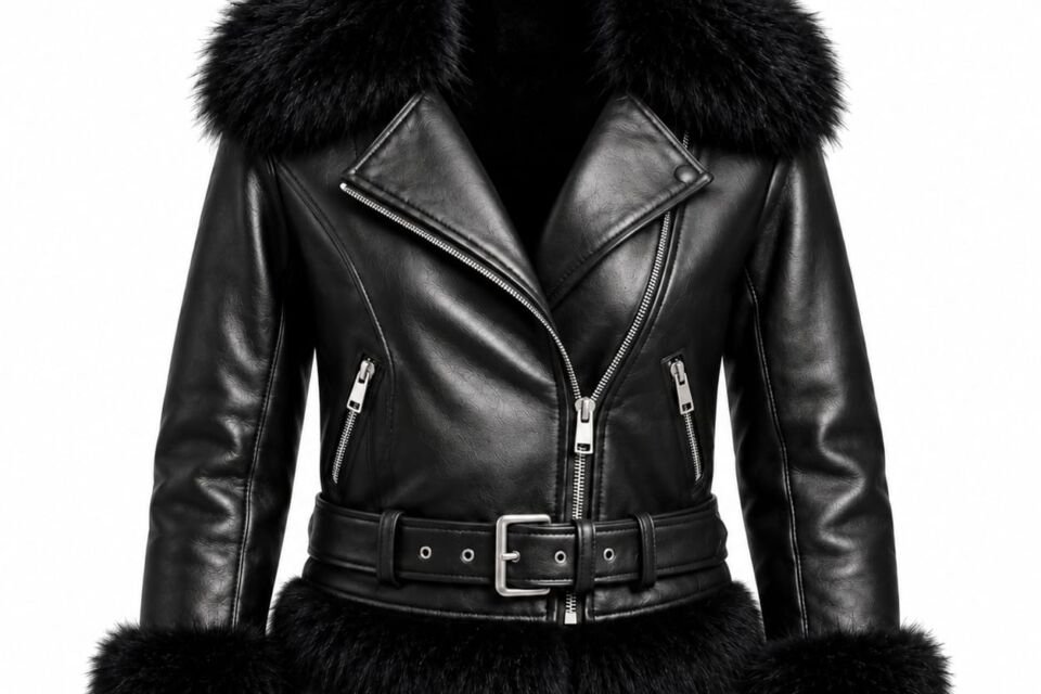 Black fur collar leather jacket with fur cuffs and belted waist