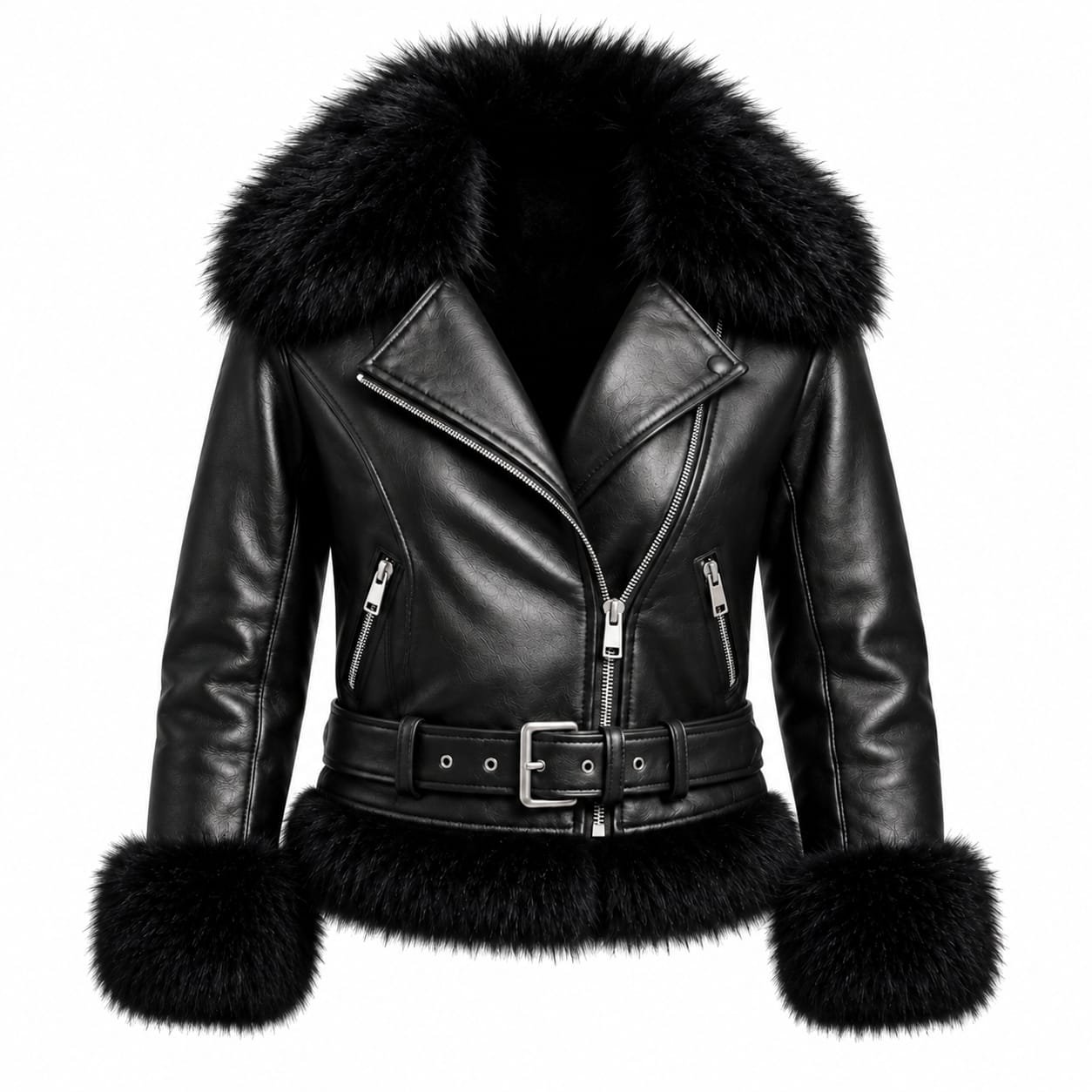 Black fur collar leather jacket with fur cuffs and belted waist