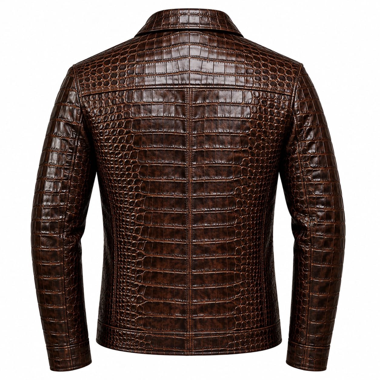 Genuine Leather Crocodile Embossed Jacket, Men's Brown Biker Jacket, Vintage Motorcycle Jacket, Gold Zipper - Image 2