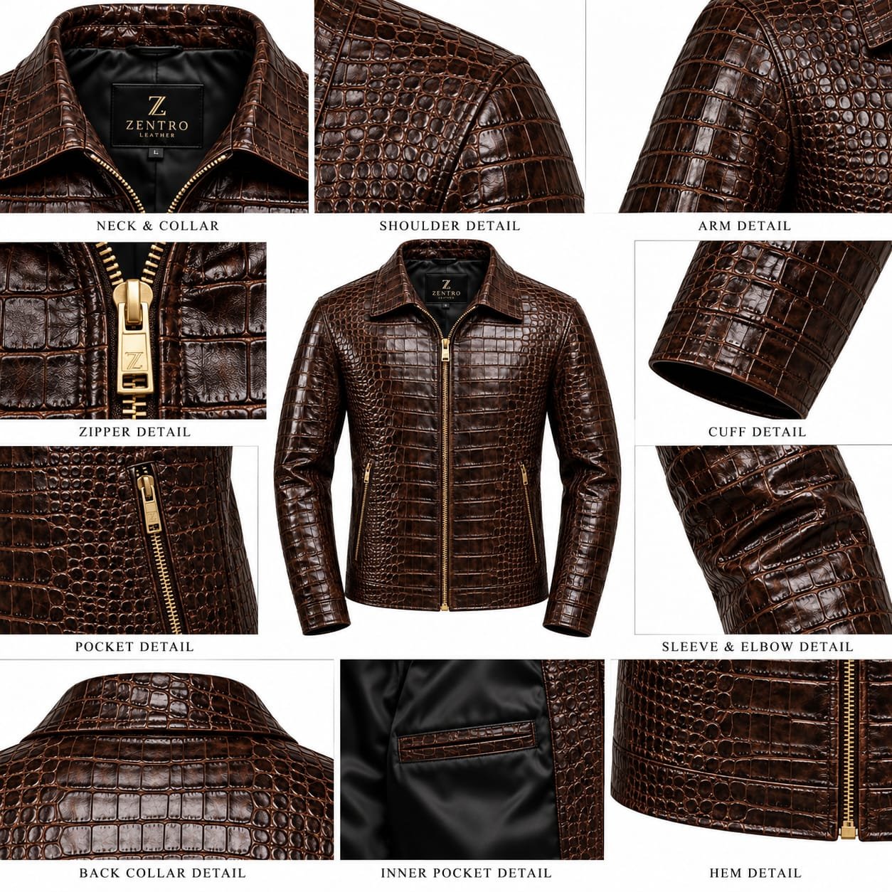 Genuine Leather Crocodile Embossed Jacket, Men's Brown Biker Jacket, Vintage Motorcycle Jacket, Gold Zipper - Image 3