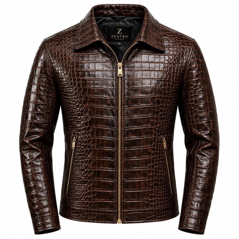 Men's genuine brown leather jacket with crocodile embossed texture, gold front zipper, zippered pockets, and structured biker style.