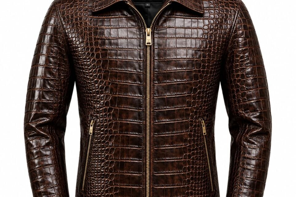 Men's genuine brown leather jacket with crocodile embossed texture, gold front zipper, zippered pockets, and structured biker style.