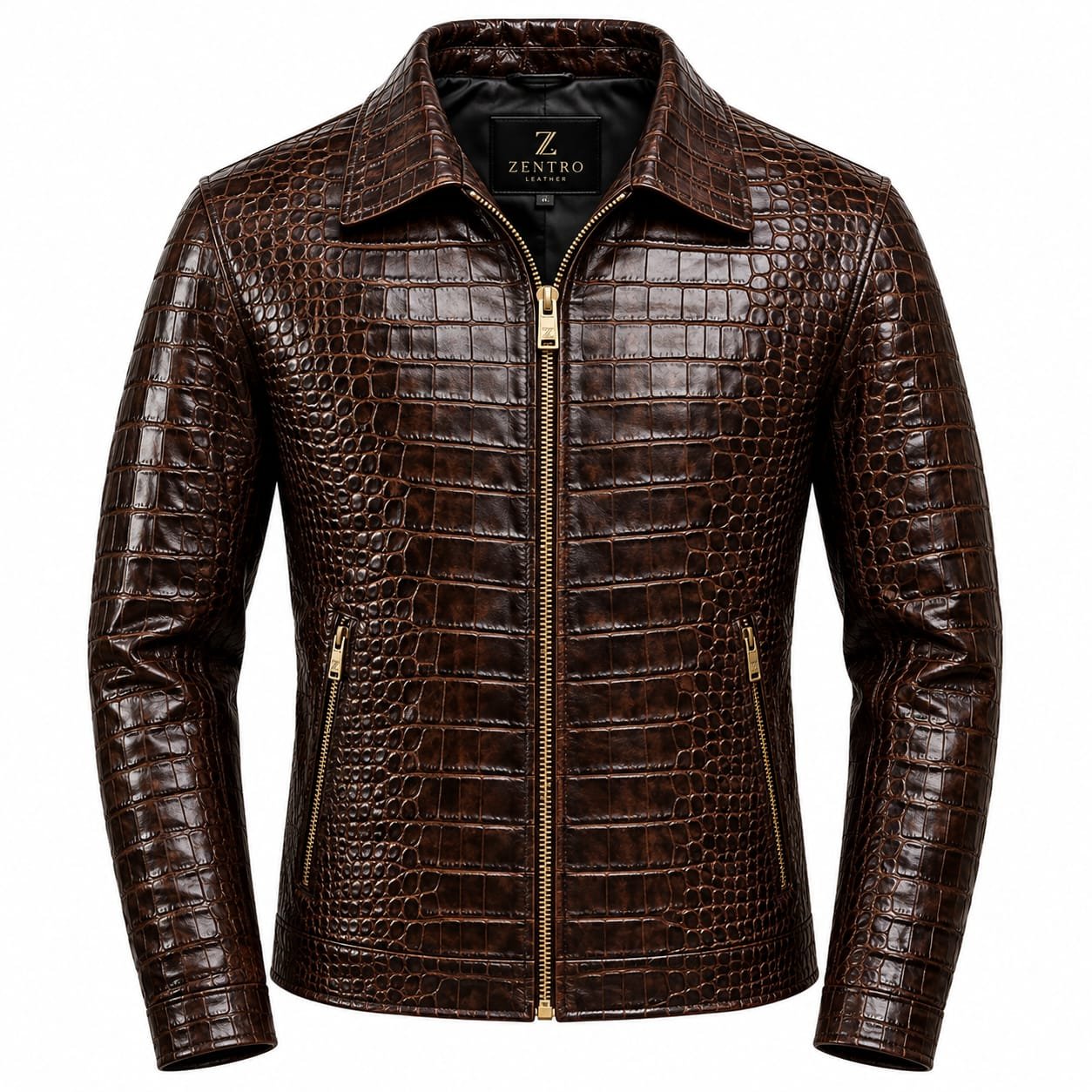 Men's genuine brown leather jacket with crocodile embossed texture, gold front zipper, zippered pockets, and structured biker style.