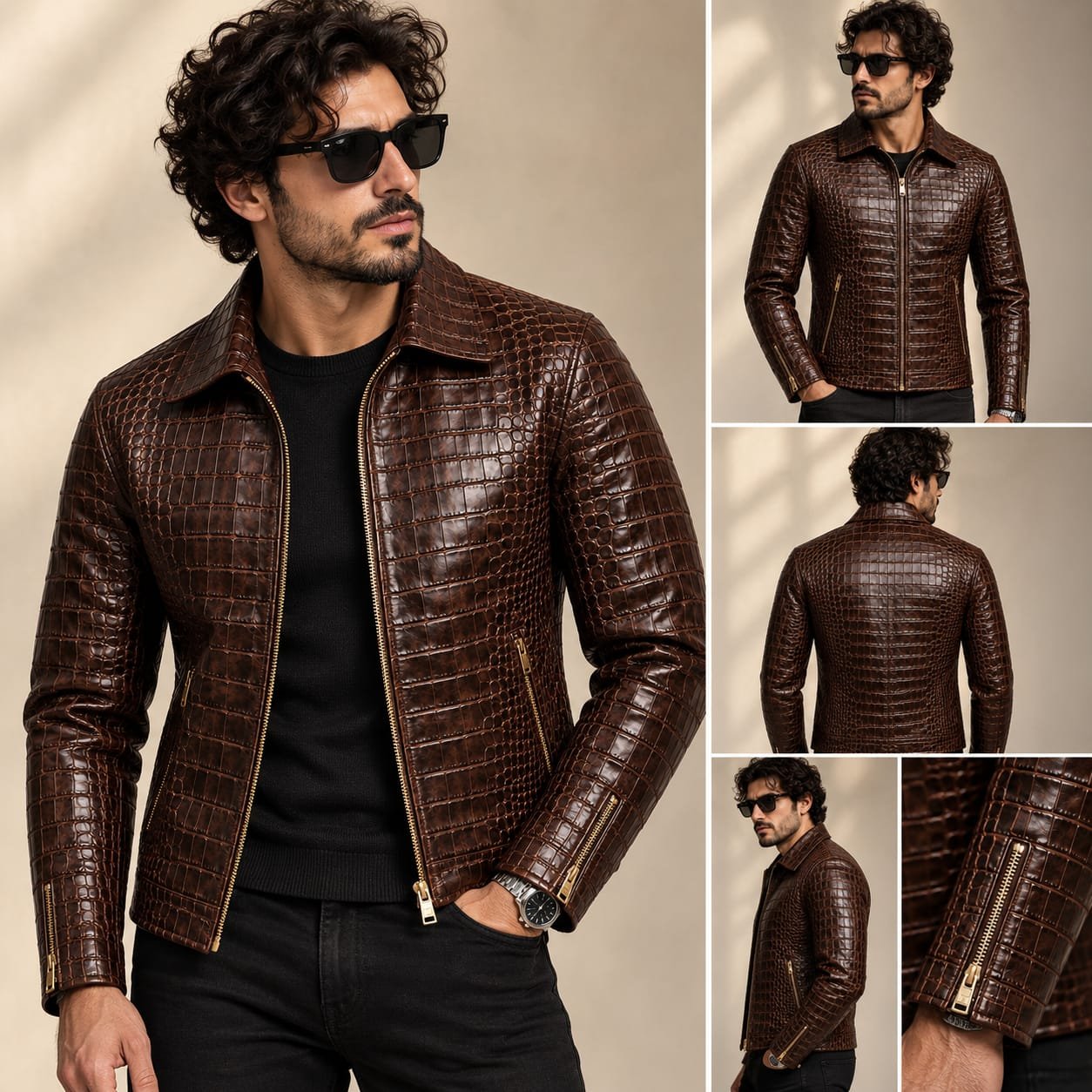 Genuine Leather Crocodile Embossed Jacket, Men's Brown Biker Jacket, Vintage Motorcycle Jacket, Gold Zipper - Image 4