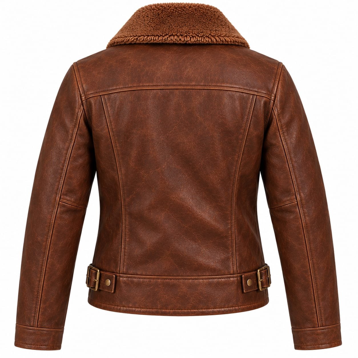 Men’s Brown Distressed Leather Biker Jacket with Shearling Collar - Image 3