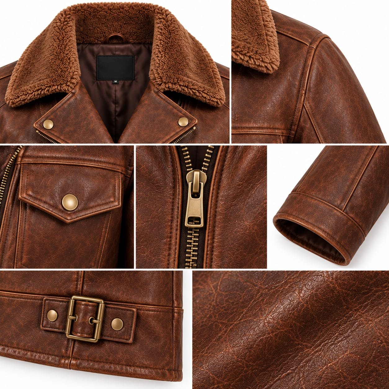 Men's brown distressed leather biker jacket with shearling collar and zip pockets