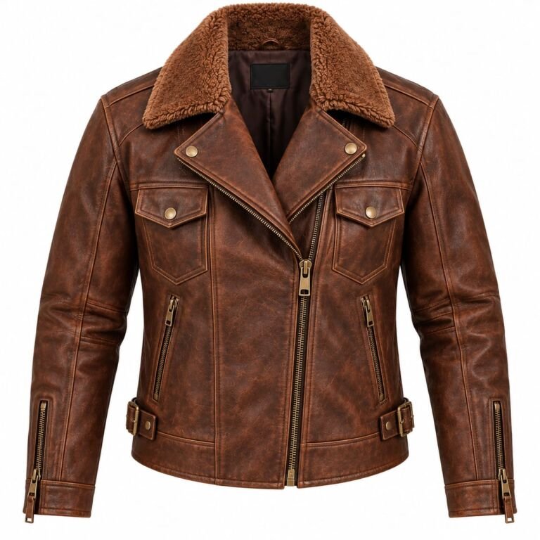 Men's brown distressed leather biker jacket with shearling collar and zip pockets