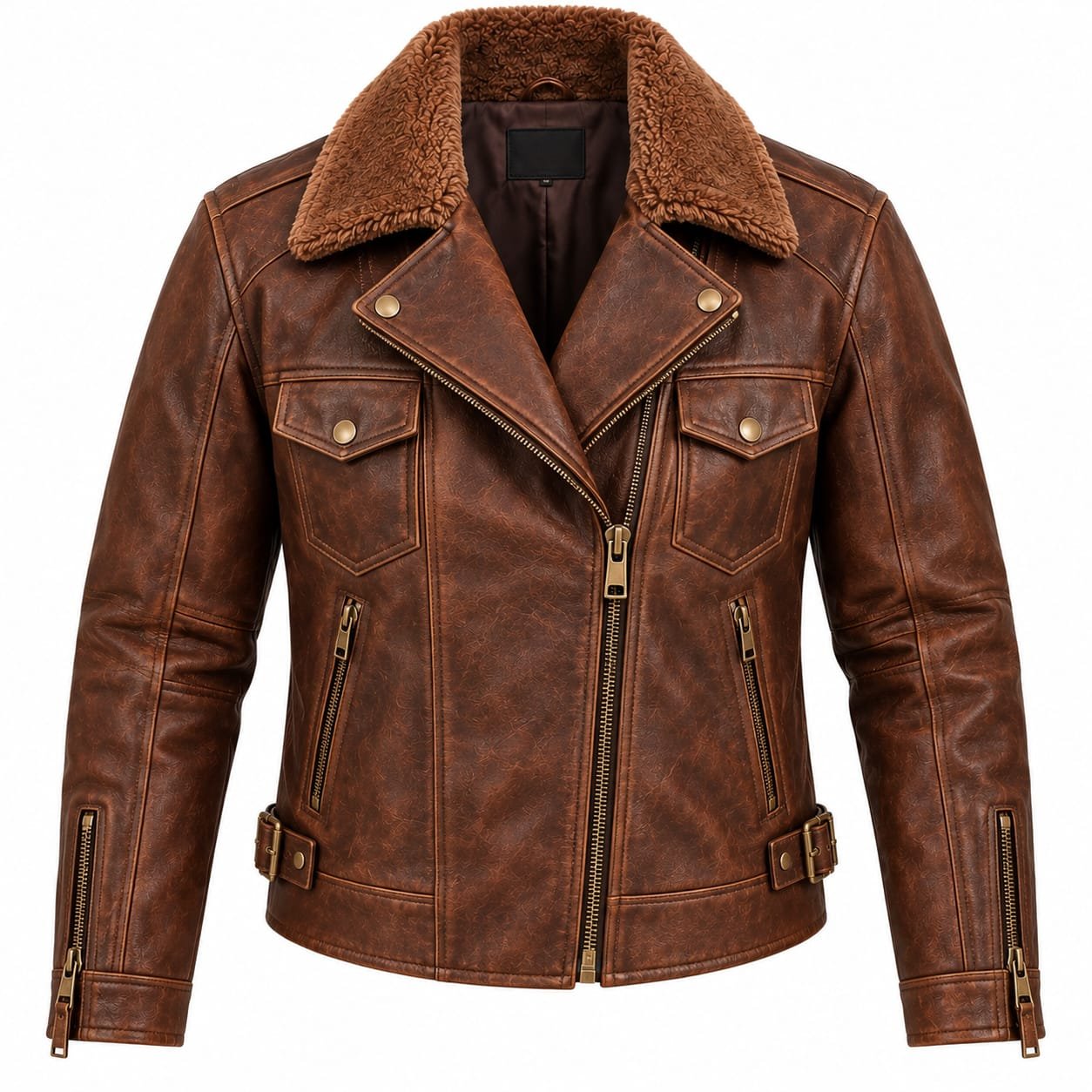 Men's brown distressed leather biker jacket with shearling collar and zip pockets