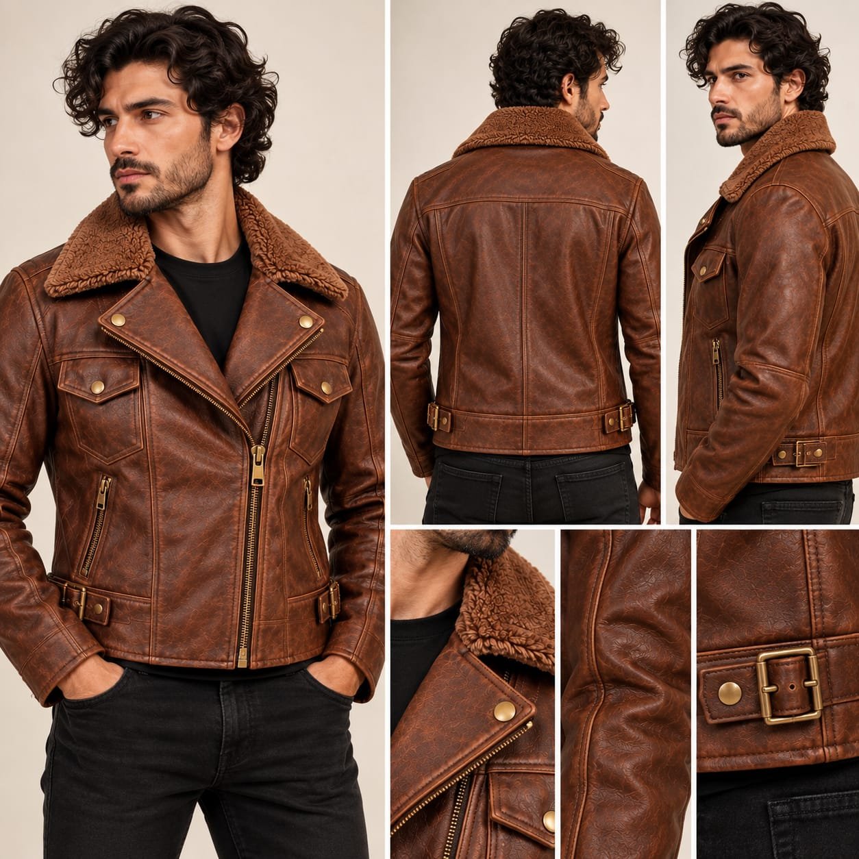 Men's brown distressed leather biker jacket with shearling collar and zip pockets