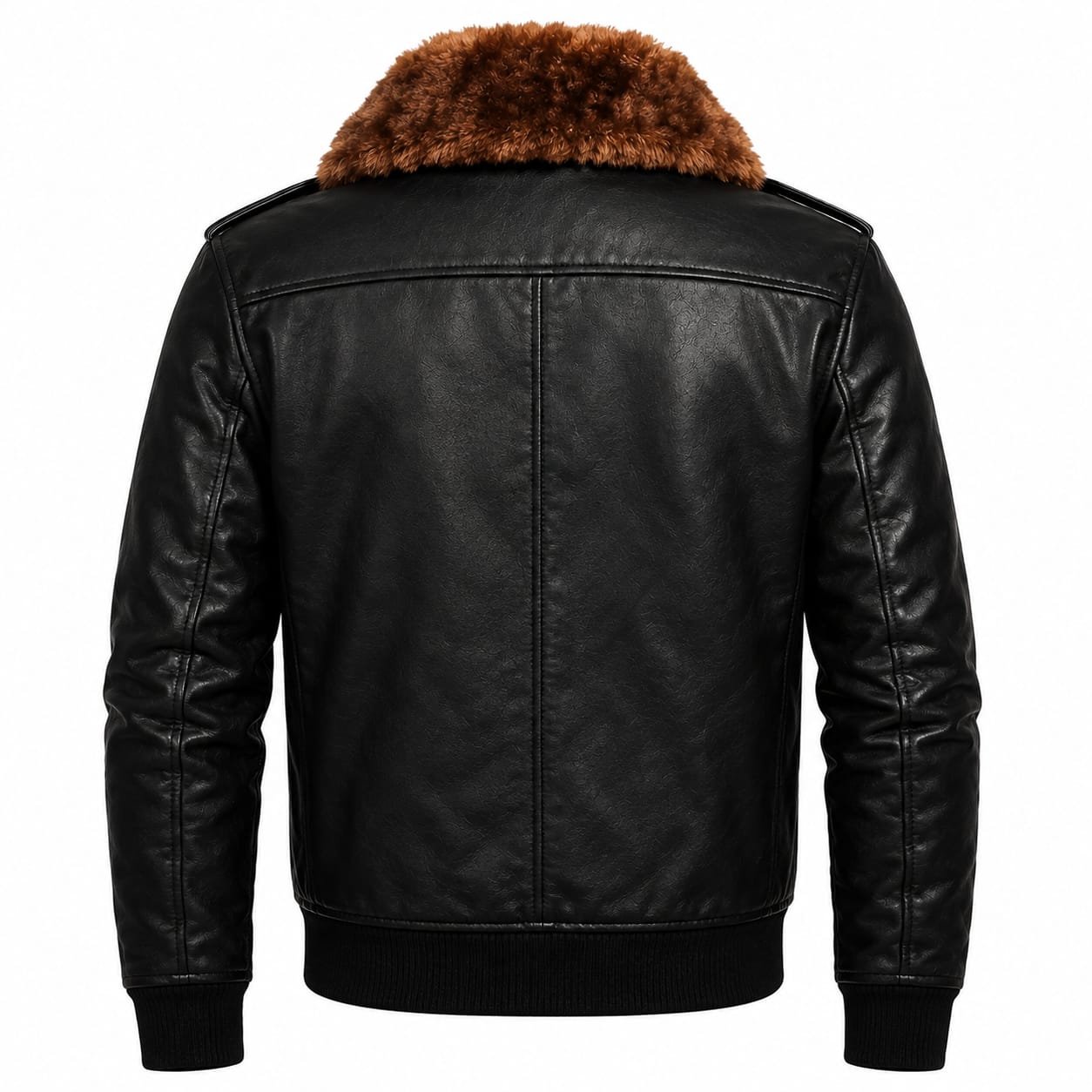 Black Leather Bomber Jacket with Shearling Collar & Zipper Pockets - Image 3