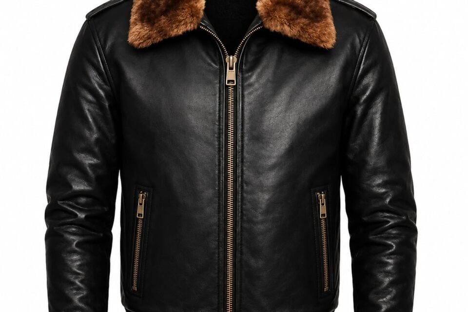 Black leather bomber jacket with brown shearling collar, full front zipper, two secure zipper pockets, rib-knit cuffs and waistband.