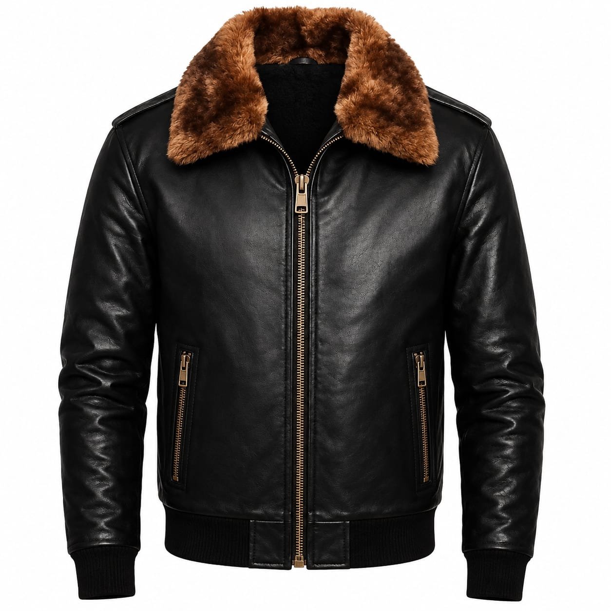 Black leather bomber jacket with brown shearling collar, full front zipper, two secure zipper pockets, rib-knit cuffs and waistband.