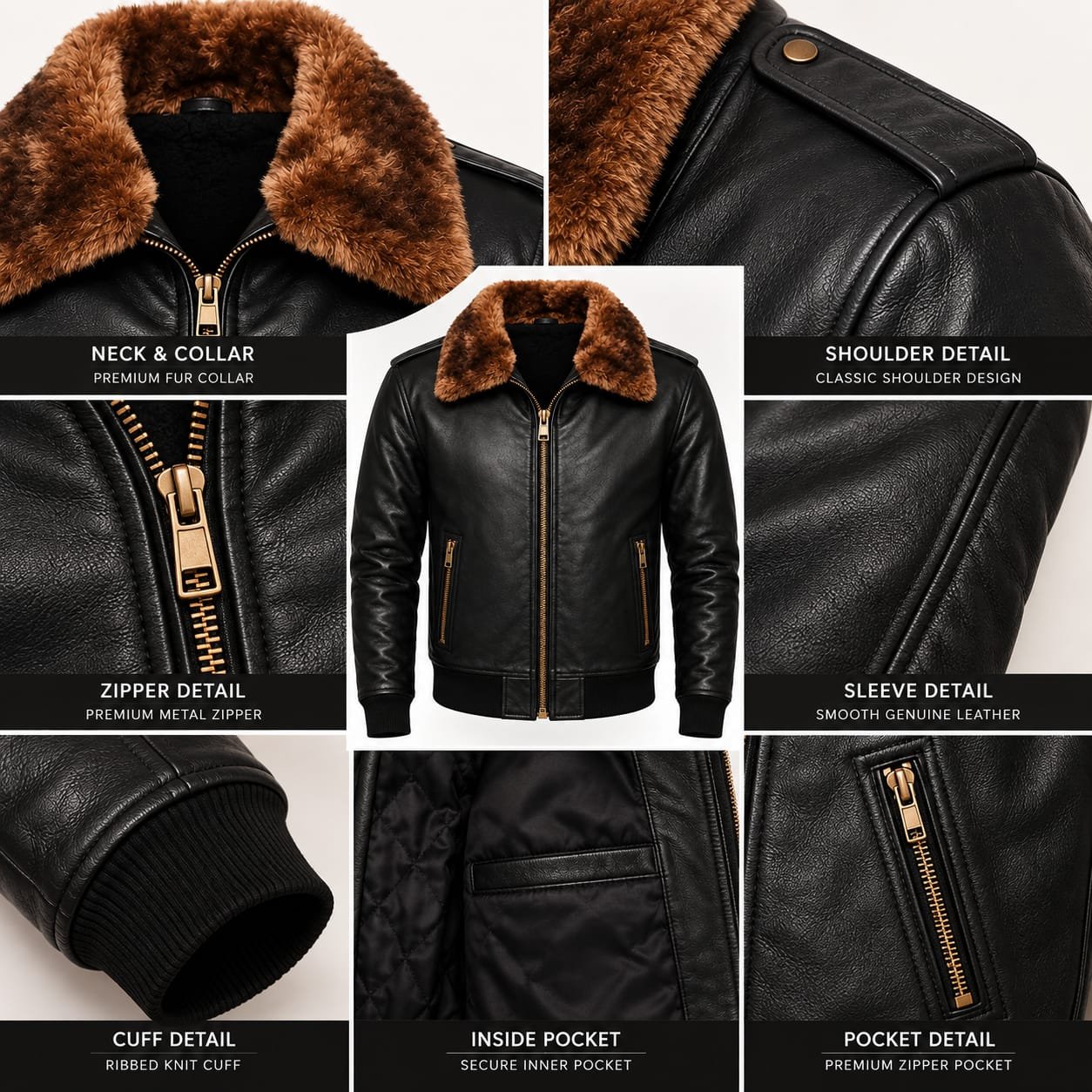 Black Leather Bomber Jacket with Shearling Collar & Zipper Pockets - Image 5