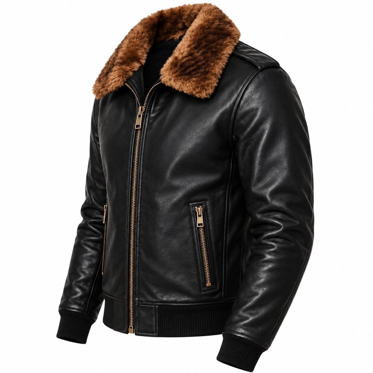 Black Leather Bomber Jacket with Shearling Collar & Zipper Pockets - Image 4
