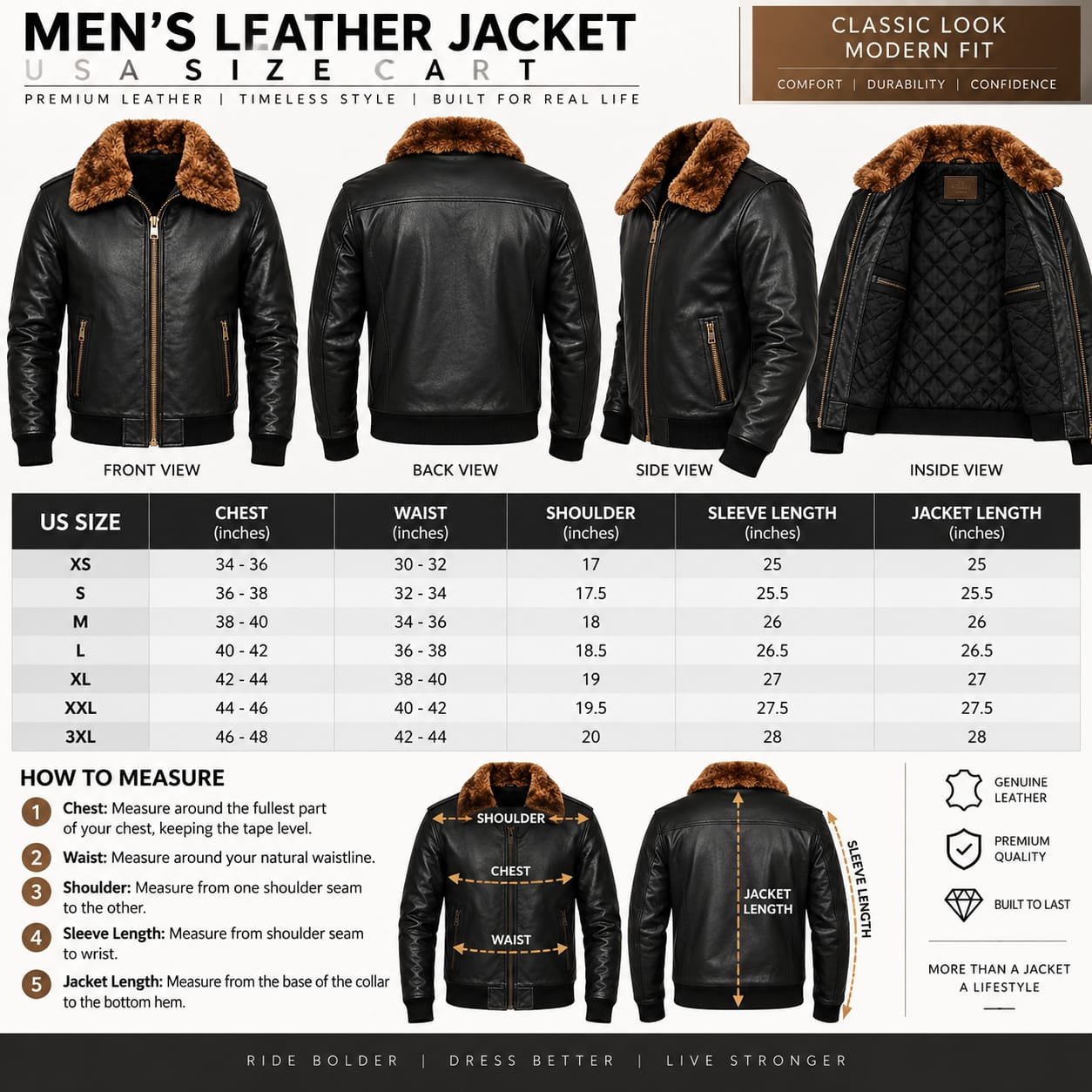 Black Leather Bomber Jacket with Shearling Collar & Zipper Pockets - Image 6