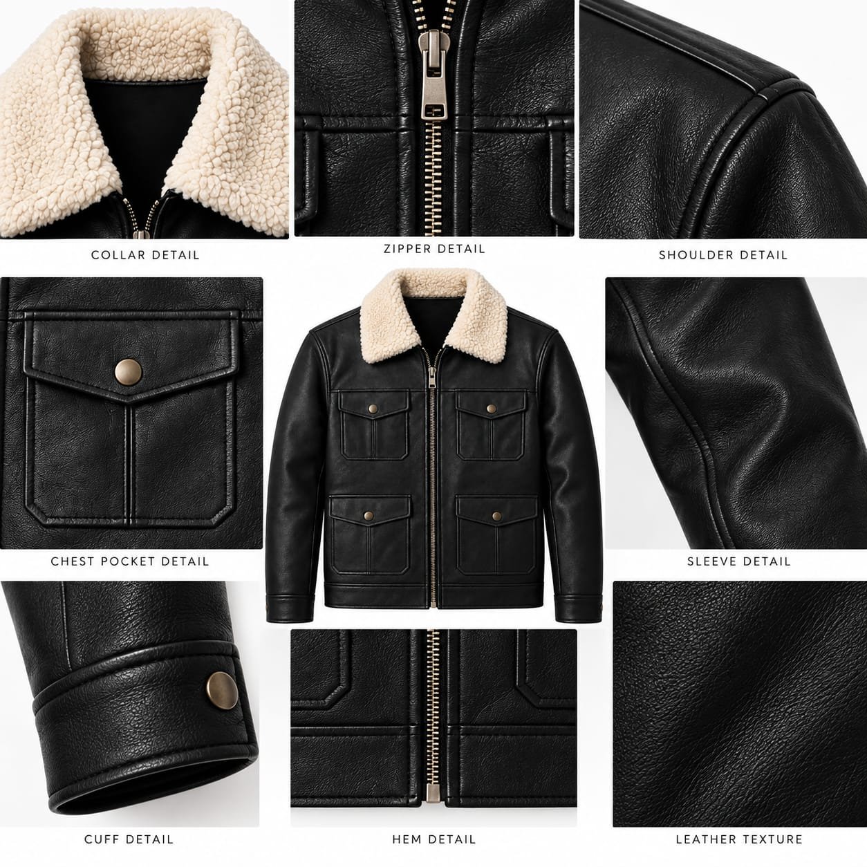 Black leather shearling collar jacket with four front utility pockets
