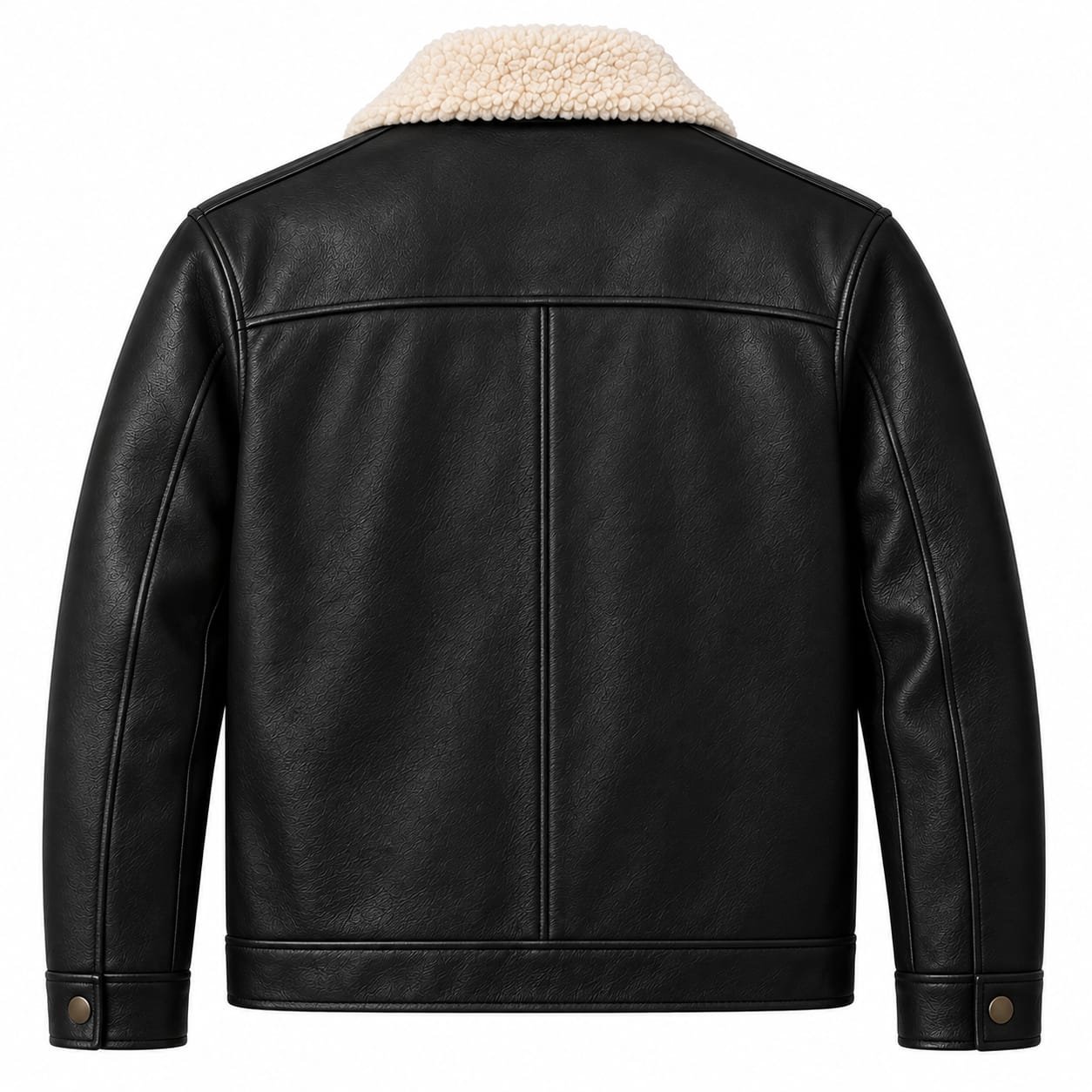 Black leather shearling collar jacket with four front utility pockets