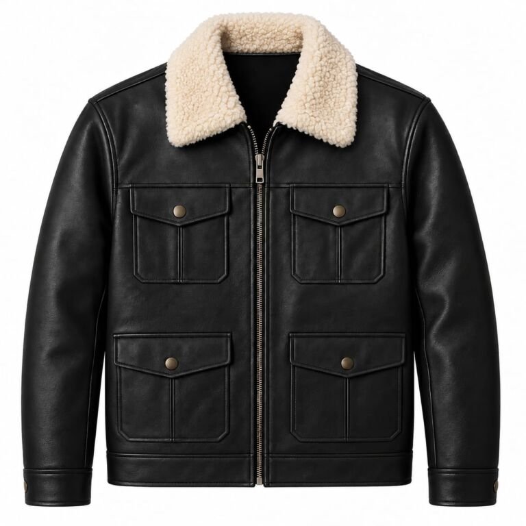 Black leather shearling collar jacket with four front utility pockets