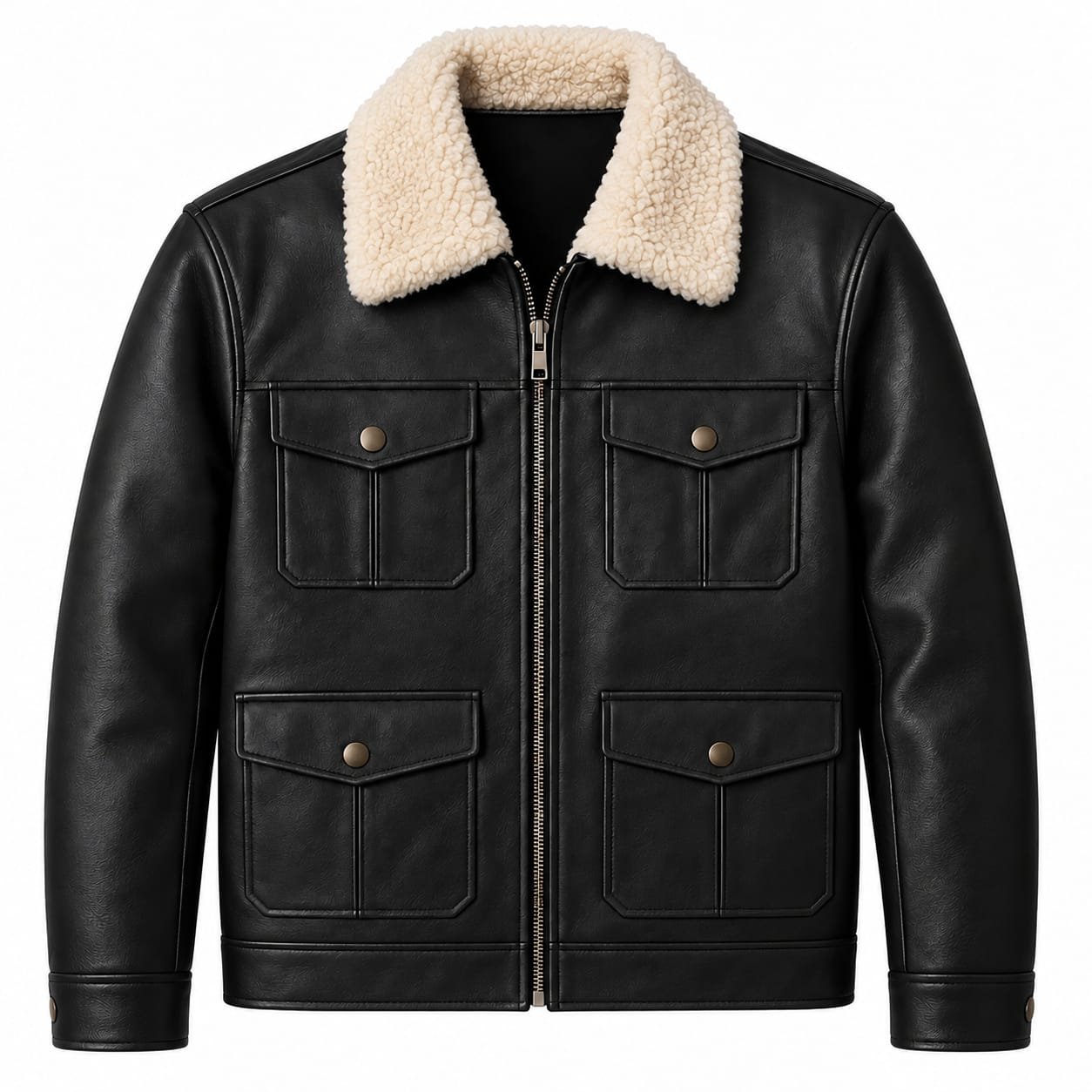 Black leather shearling collar jacket with four front utility pockets
