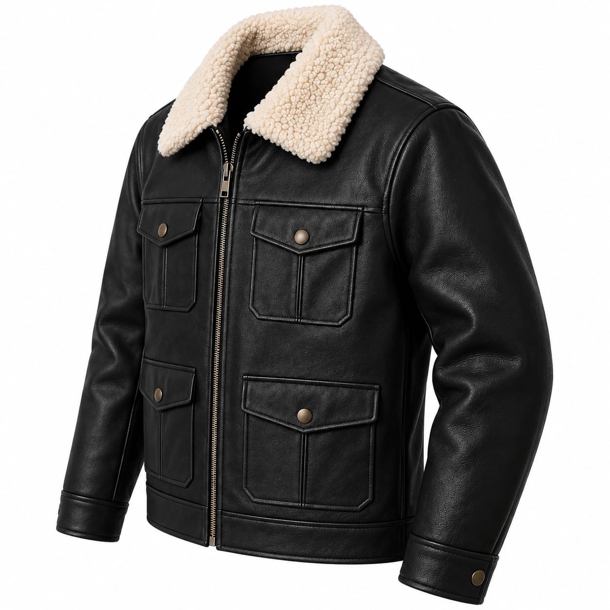 Black leather shearling collar jacket with four front utility pockets
