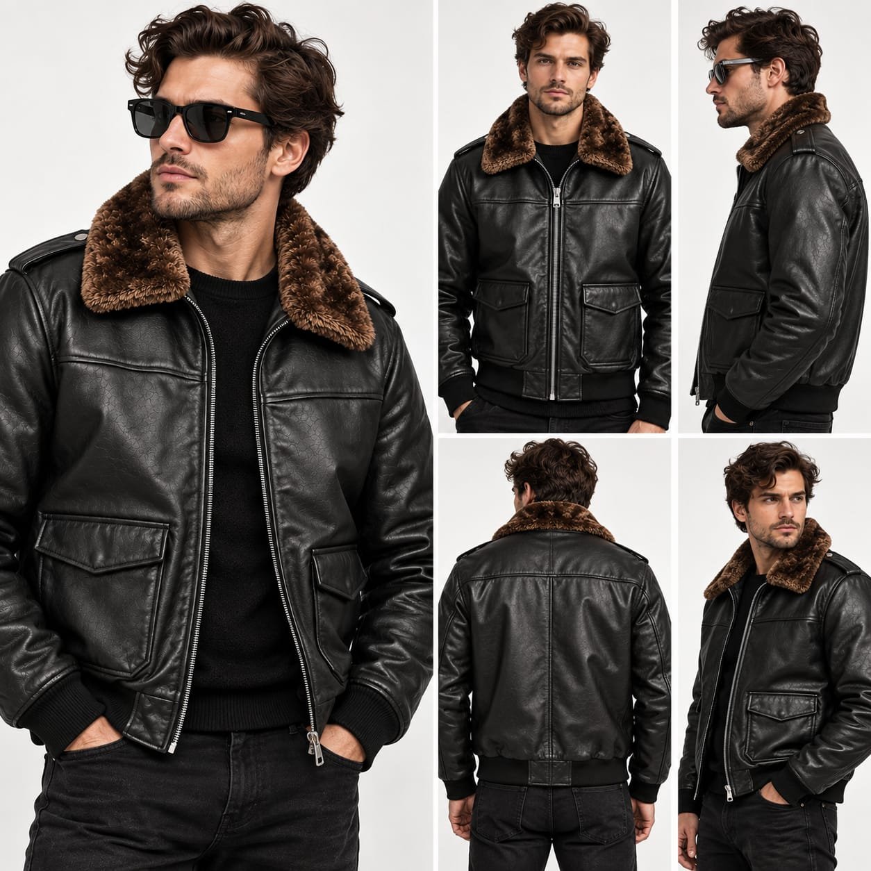 Black Leather Bomber Jacket with Shearling Collar & Zipper Pockets - Image 7