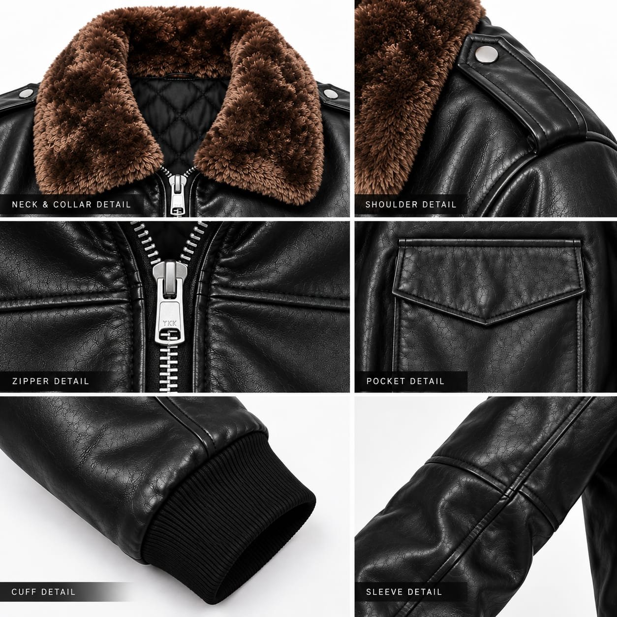 Black Leather Bomber Jacket with Shearling Collar & Zipper Pockets - Image 8