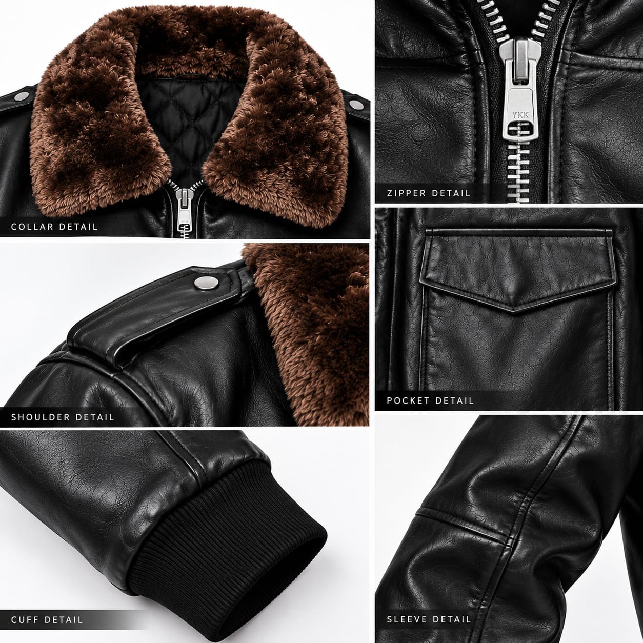 Black Leather Bomber Jacket with Shearling Collar & Zipper Pockets - Image 9