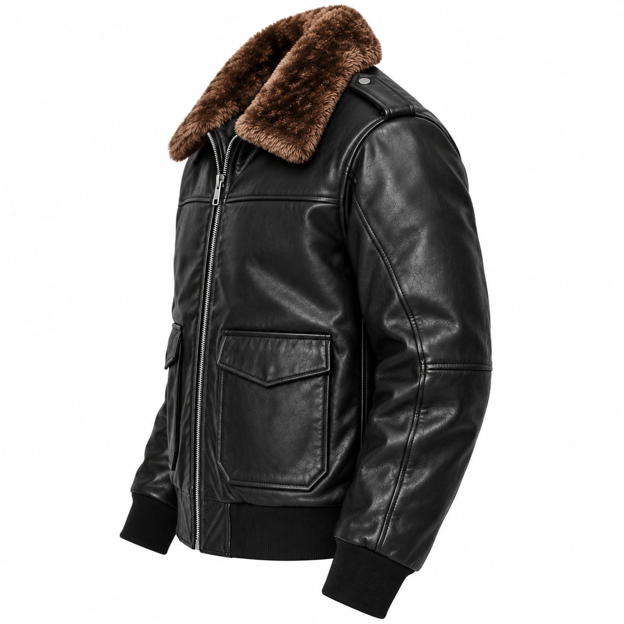 Black Leather Bomber Jacket with Shearling Collar & Zipper Pockets - Image 10