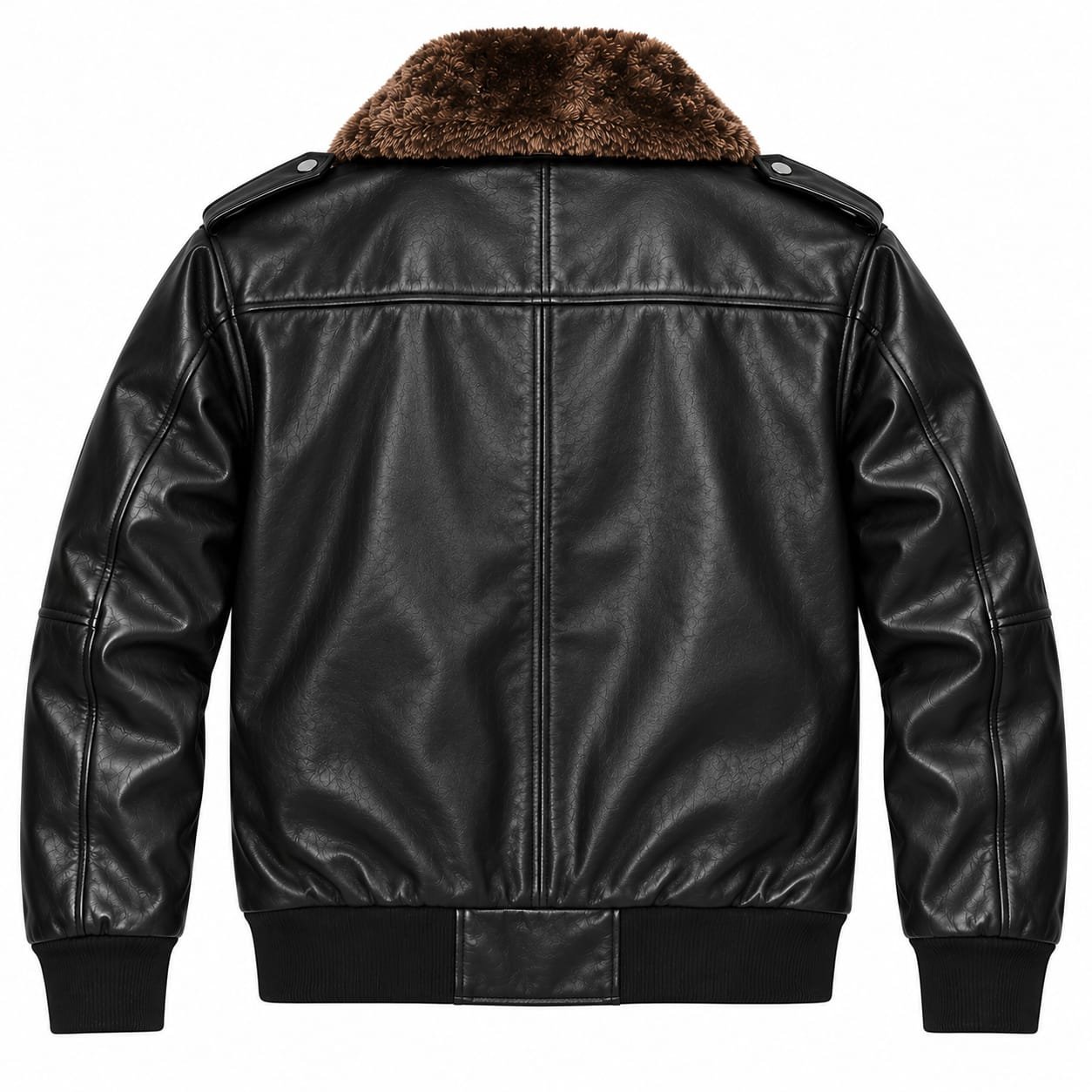 Black Leather Bomber Jacket with Shearling Collar & Zipper Pockets - Image 11