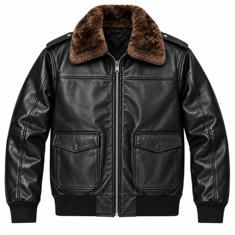 Black leather bomber jacket with brown shearling collar, full front zipper, two secure zipper pockets, rib-knit cuffs and waistband.