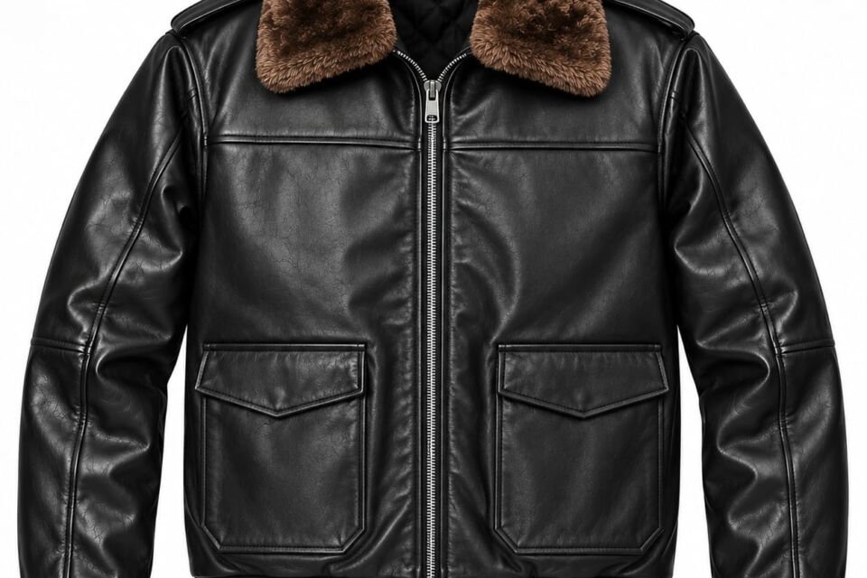 Black leather bomber jacket with brown shearling collar, full front zipper, two secure zipper pockets, rib-knit cuffs and waistband.