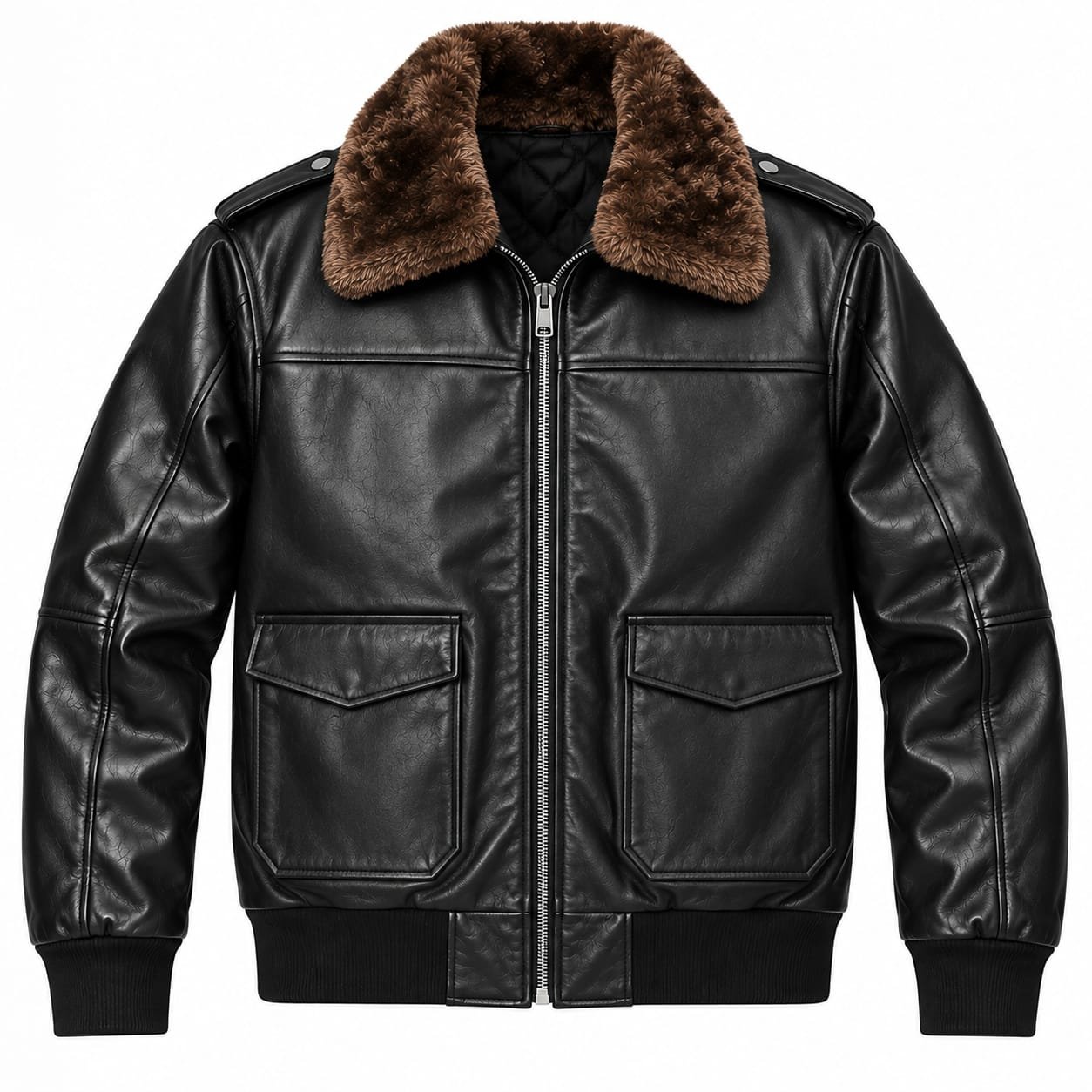 Black leather bomber jacket with brown shearling collar, full front zipper, two secure zipper pockets, rib-knit cuffs and waistband.