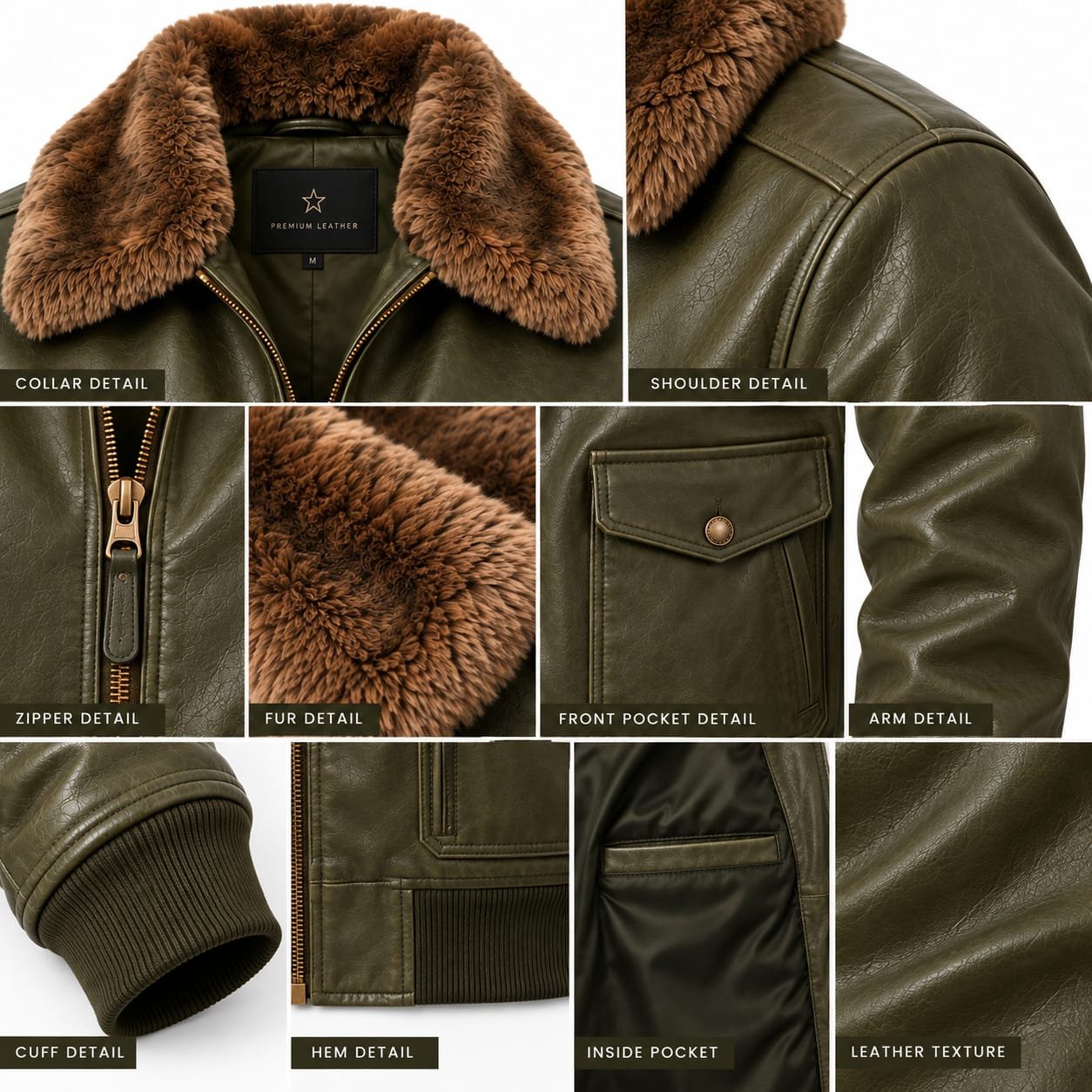 Men’s Olive Green Leather Bomber Jacket with Brown Fur Collar - Image 4