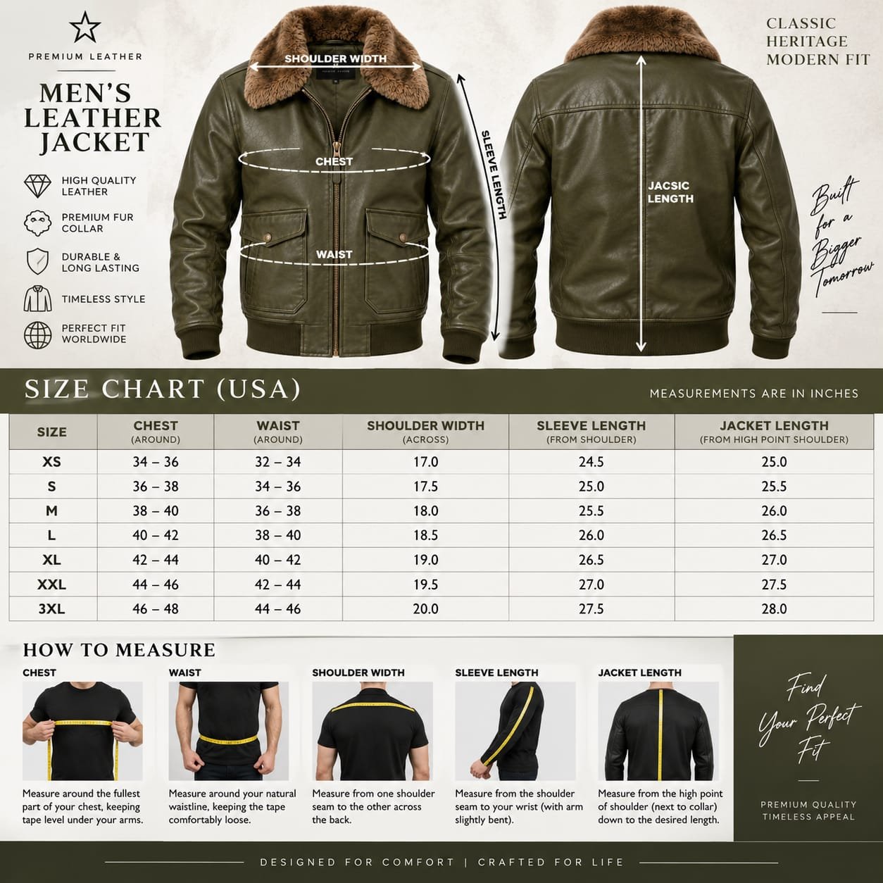 Men’s Olive Green Leather Bomber Jacket with Brown Fur Collar - Image 5