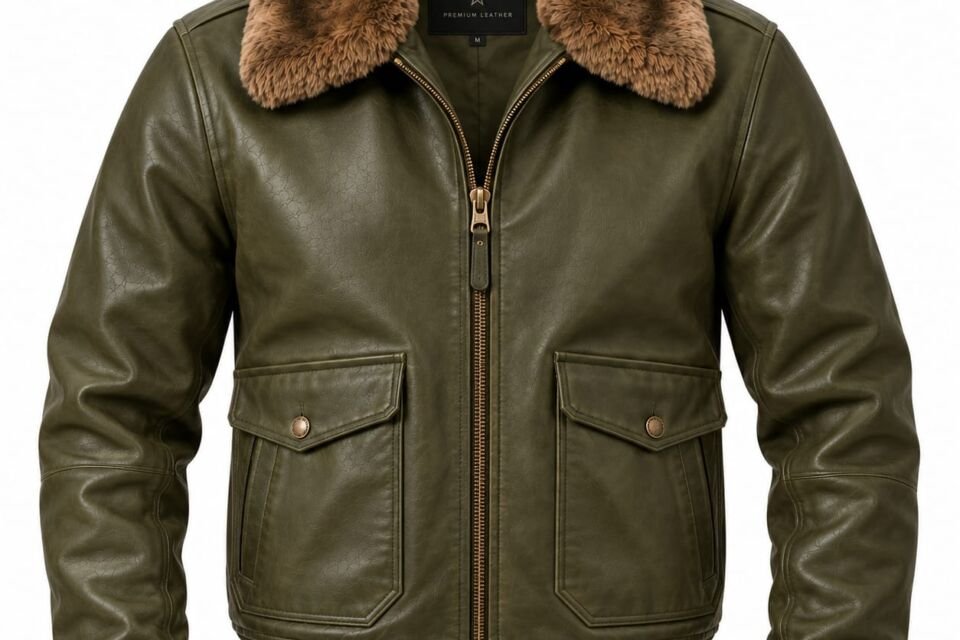 Olive green men’s leather bomber jacket with brown fur collar and front flap pockets.