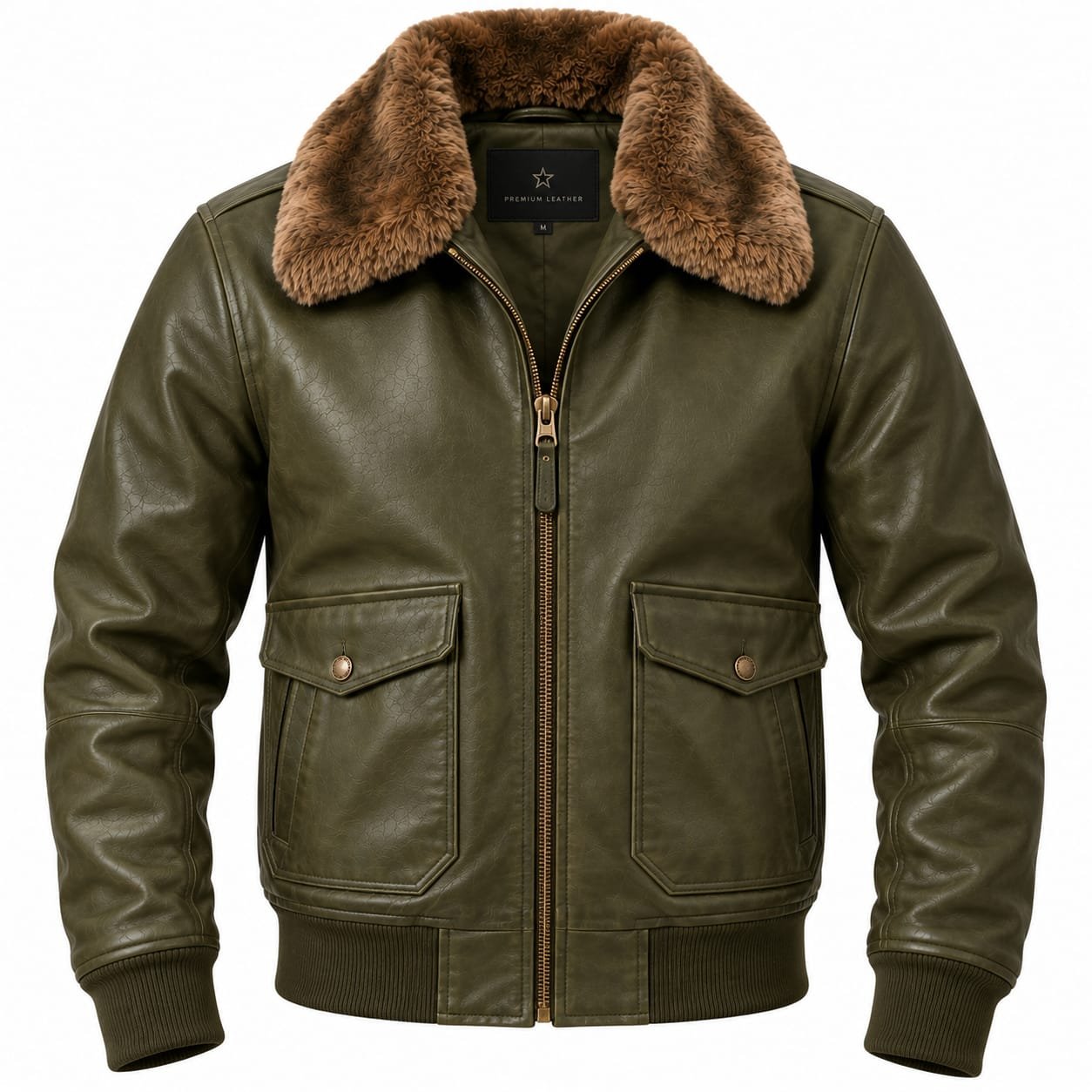 Olive green men’s leather bomber jacket with brown fur collar and front flap pockets.
