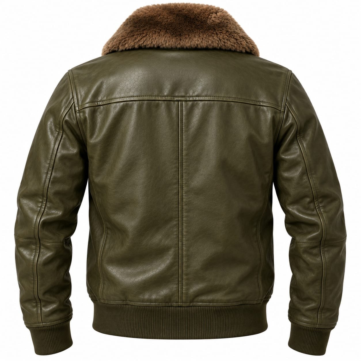 Men’s olive green leather bomber jacket with brown fur collar, front zipper, flap pockets and ribbed cuffs on white background.